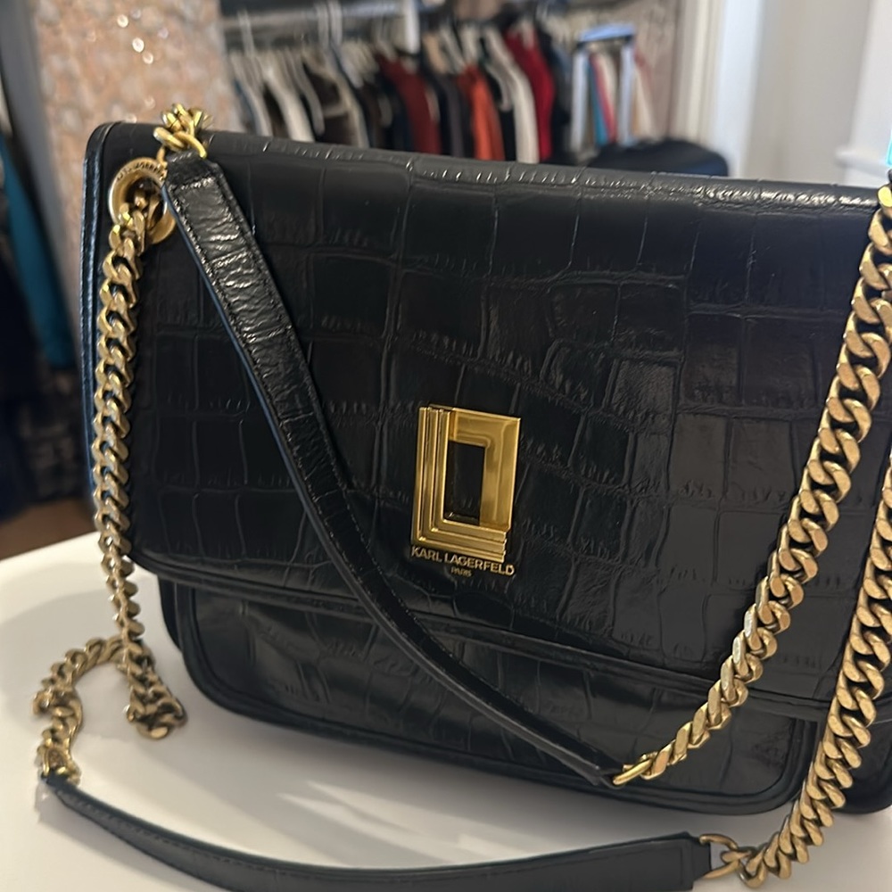 Karl Lagerfeld Black Croc-Embossed Bag with Gold Chain